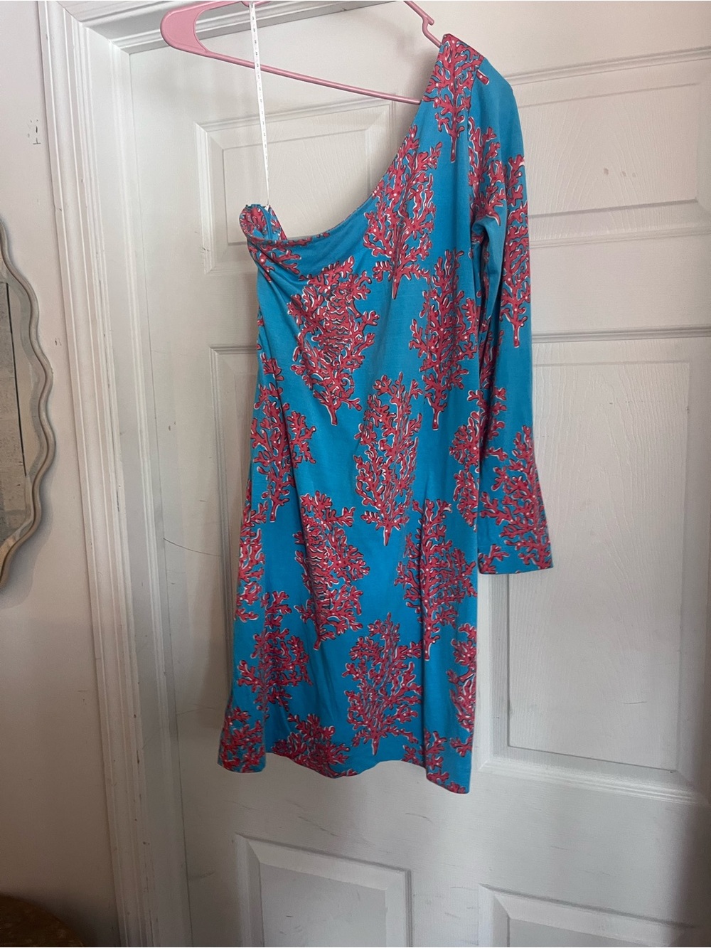 Lilly Pulitzer Turquoise One-Shoulder Dress with Pink Coral Print